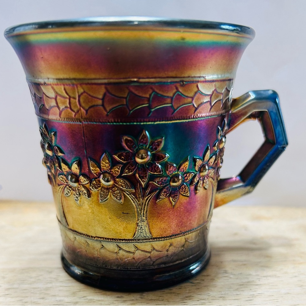 Antique early 1900’s Fenton Amethyst Orange Tree carnival glass mug.